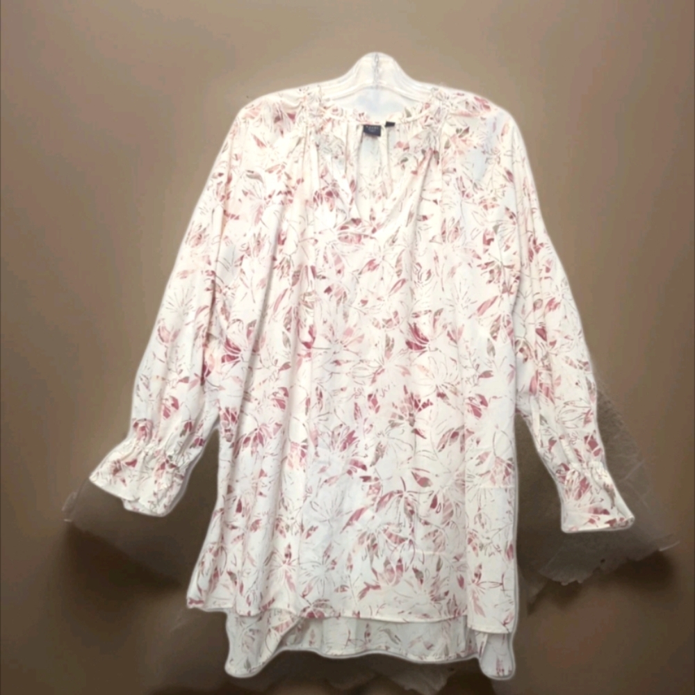 Women's Kaari Blue Round Ruffleneck Size 2X Long Ruffle Sleeve Floral Cream Pink - Picture 4 of 15